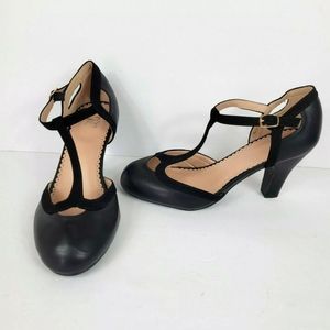 JC Womens High Heels Black Pumps T Strap Buckle and Faux Leather Accents 8.5